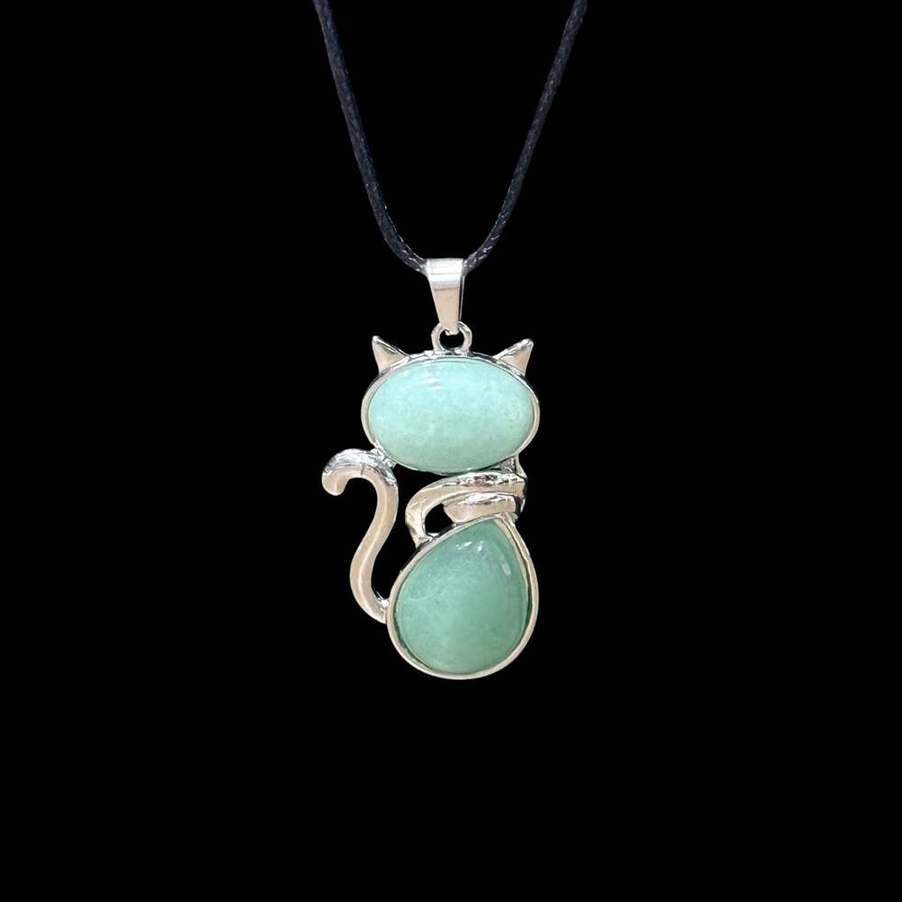 Green Aventurine Crystal Cat Pendant Black Cord Necklace - Picture 1 of 3